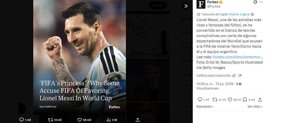 El artículo de Forbes sobre Messi que se viraliza en el mundo: ‘FIFA’s Princess?’