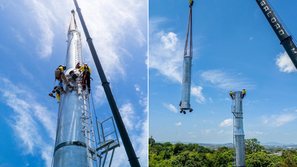 Instalan la tercera torre de 23 que conformarán el sistema de Aerocable en San Salvador