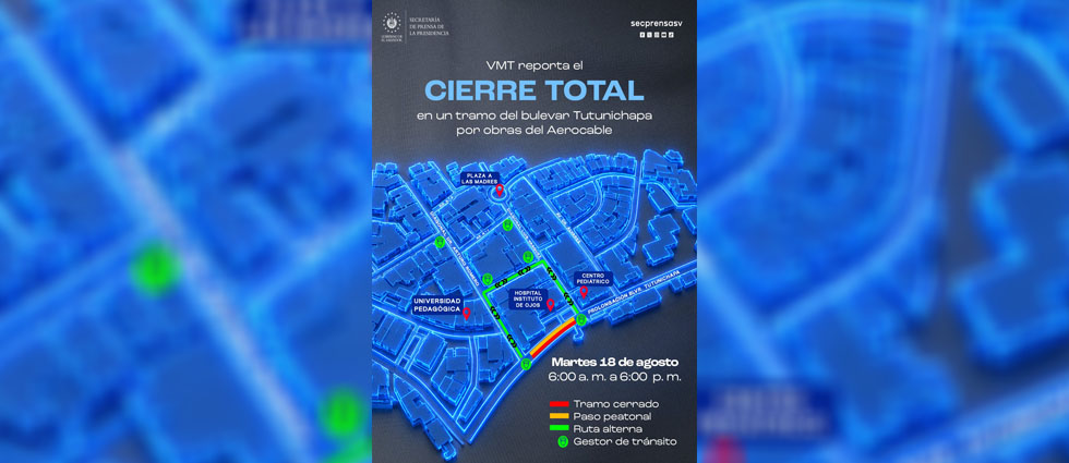 Tramo del bulevar Tutunichapa estará completamente cerrado de 6:00 a. m. a 6:00 p. m. este martes: VMT