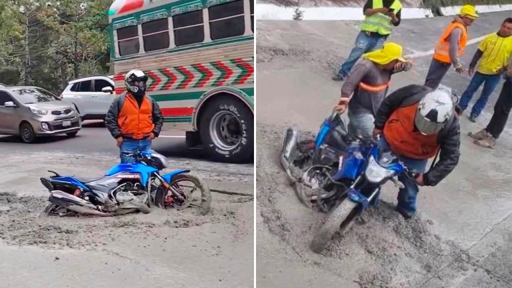 Motociclista ignora señal de precaución y termina atascado en concreto fresco