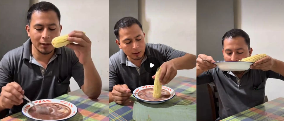 Salvadoreño se vuelve viral por comer atol de elote con frijoles salcochados