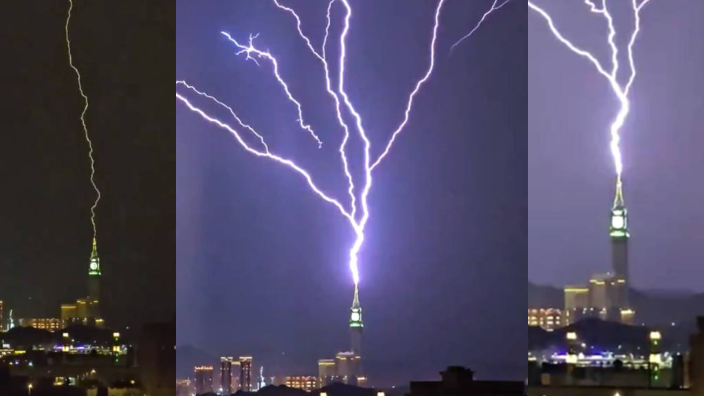 El momento cuando un rayo impacta la Torre del Reloj de la Meca, Arabia Saudita