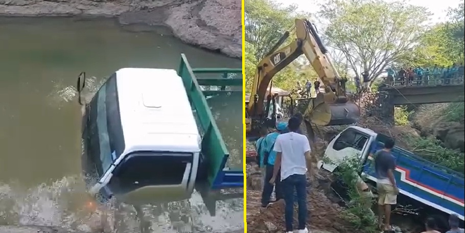 Este es el momento cuando sacaron al camión que terminó dentro del río La Joya, Morazán