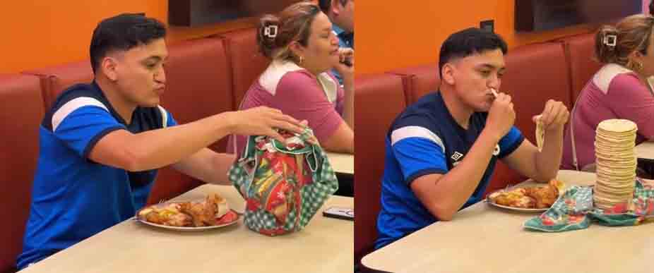 Viralizan a joven que saca una «tanatada» de tortillas en popular restaurante de pollo