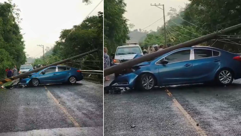 Poste se desploma y aplasta un vehículo en carretera de Cabañas