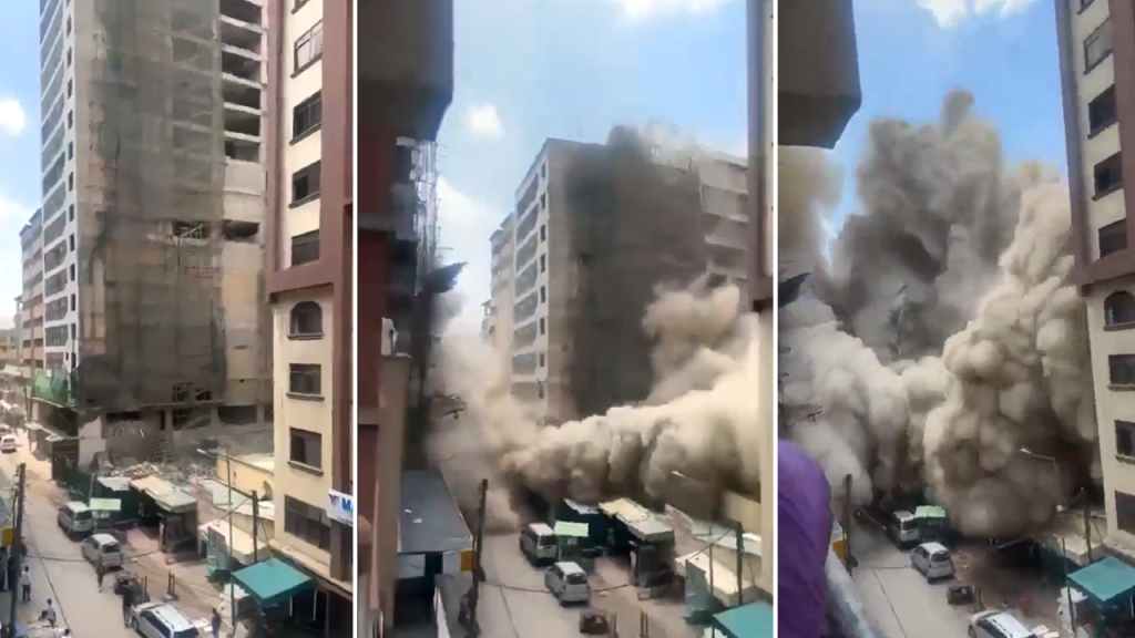 Momento exacto cuando se desploma un edificio de 18 pisos que estaba en construcción en Nairobi, Kenia
