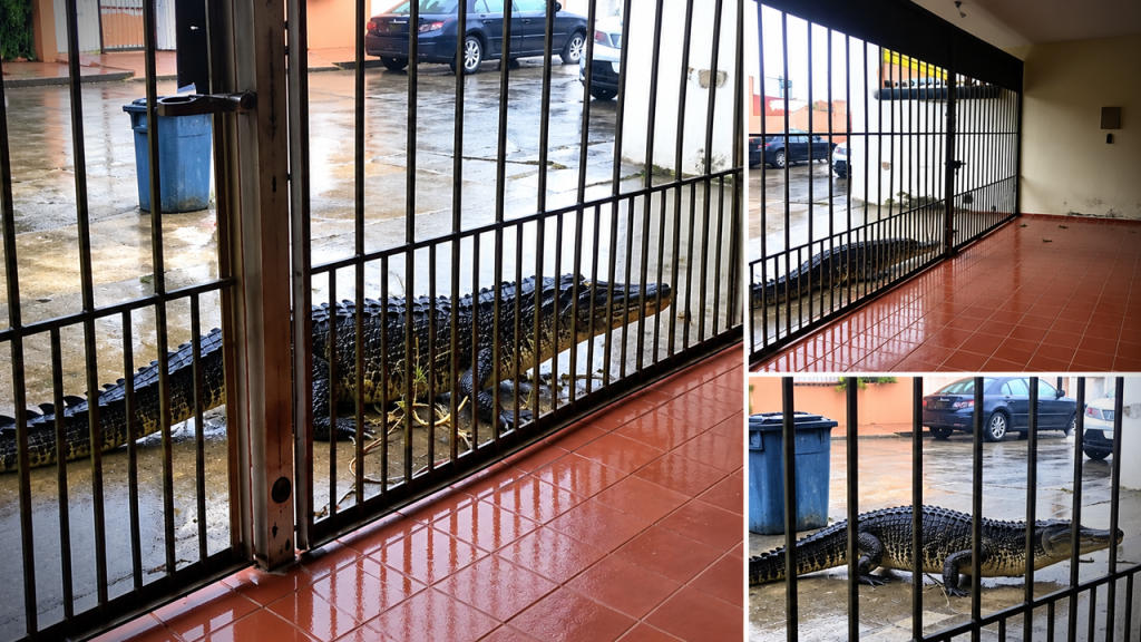 Intensas lluvias provocan la salida de un cocodrilo a las calles de Tabasco, México